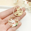Cartoon rabbit and pink flower wreath enamel pendant with golden textured back for DIY - KC Gold Pink Enamel Chrysanthemum Rabbit Wreath