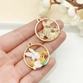 DIY bunny charm set with white oil drip floral rabbit and golden hollow rabbit pendant - KC Gold Yellow Enamel Daisy Rabbit Wreath
