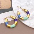 Golden bamboo hoop earrings with purple, blue and green enamel panels - Blue Bamboo (T1269)