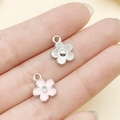 Silver flower alloy pendant charms with pink enamel and small zircon for DIY jewelry - Pink Flower (21868)