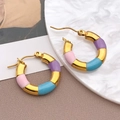 Retro stainless steel hoop earrings with colorful pink, purple, and blue enamel - Pink Purple Bamboo (T1270)