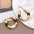Bamboo style earrings in gold stainless steel with black and white enamel finish - Black White Bamboo (T1271)