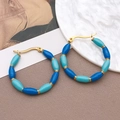 U-shaped bamboo earrings in blue and turquoise enamel with golden metal accents - Blue Bamboo Style (TA200-T1277)