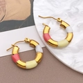 Golden bamboo hoop earrings with white pink and yellow enamel segments for women - Yellow White Bamboo (T1272)