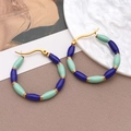 U-shaped bamboo hoop earrings with navy blue and mint green enamel in gold finish - Dark Blue Bamboo Style (TA200-T1278)