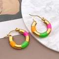 Golden bamboo hoop earrings with colorful pink, orange and green enamel inlay - Orange Yellow Bamboo (T1273)