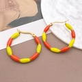 Gold stainless steel hoop earrings featuring yellow and orange enamel bamboo beads - Orange Yellow Bamboo Style (TA200-T1279)