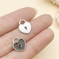 Silver-plated heart lock pendant with vertical stripe texture and dark enamel inlay charm - Black Heart Lock (21890)