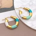 Golden bamboo-style hoop earrings featuring white, turquoise, and mint enamel finish - Blue White Bamboo (T1274)