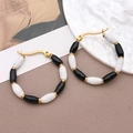 Modern U-shaped stainless steel earrings with black and white enamel bamboo sections - Black White Bamboo Style (TA200-T1280)
