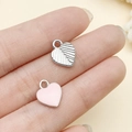 Silver-toned heart charms with leaf vein texture and pink enamel finish for DIY jewelry - Pink Heart (21897)