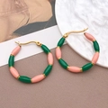U-shaped stainless steel hoop earrings with pink and dark green enamel beads - Green Bamboo Style (TA200-T1281)