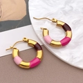 Golden bamboo hoop earrings with pink and red enamel segments in a retro style - Pink Bamboo (T1276)