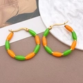 U-shaped gold steel earrings with bright green and orange enamel bamboo accents - Orange Bamboo Style (TA200-T1282)