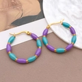 U-shaped stainless steel earrings with purple and cyan beads and gold-tone spacers - Purple Blue Bamboo Style (TA200-T1283)