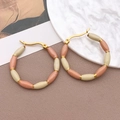 Pink and beige enamel bead hoop earrings with bamboo-shaped gold stainless steel base - Khaki Bamboo Style (TA200-T1284)