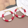 U-shaped stainless steel earrings with red and white enamel bamboo pattern details - Red Pink Bamboo Style (TA200-T1285)