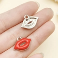 Red enamel lip charm pendant with silver metallic finish for DIY jewelry crafting - Red Lips (21939)
