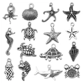 Set of 15 antique silver sea animal charms including starfish and shark for DIY jewelry - Antique Silver Ocean Series Set