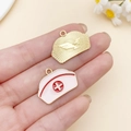 Nurse hat enamel charm and golden fan pendant for DIY medical theme jewelry making - Pink Enamel Medical Nurse Hat (SN23055)