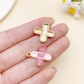 Pink and white enamel cross charm in gold alloy for DIY jewelry bracelet making - Pink Enamel Medical Cross Band-Aid (SN23077)