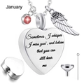 Heart cremation necklace with angel wing, January birthstone and filling tools set - January Birthstone