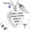 Macro of heart urn necklace with February birthstone, angel wing, and funnel set - February Birthstone