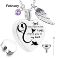 Detailed set of silver heart cremation urn necklace with February birthstone and wing - February Birthstone