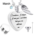 Macro detail of heart urn necklace with March birthstone and filling tool kit - March Birthstone