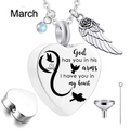 Macro detail of heart urn necklace with March birthstone and memorial engraving - March Birthstone