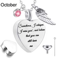 Silver stainless steel heart urn necklace with angel wing and pink October birthstone - October Birthstone