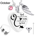 Collana ricordo a cuore in argento con incisione God has you in his arms e gemma rosa - Pietra Natale di Ottobre