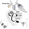 Collana per ceneri a cuore con ala d'angelo e pietra portafortuna di novembre - Pietra Natale di Novembre
