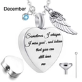 Titanium steel heart perfume urn necklace with December birthstone and angel wing charm - December Birthstone