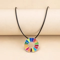 Colorful 17-color enamel circle pendant necklace with black woven cord strap - Silver Necklace Style