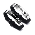 Detail of His Queen and Her King engraved metal plates on black silicone couple bracelets - His Queen & Her King Nameplate Couple Bracelet (Style 7)