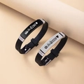 Close-up of His Queen and Her King crown engravings on black silicone couple bracelets - His Queen & Her King ID Card Style (Couple Bracelet Style 9)