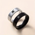 Close-up of gothic spider and web patterns on black and silver steel couple rings - Spider Web Pattern (Couple Ring Style 3)