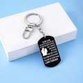 Black stainless steel army tag keychain with LOVE FOREVER couple silhouette and lettering - Black