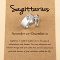 Macro detail of silver Sagittarius couple rings on thematic craft paper card - Sagittarius