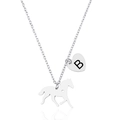 Close-up of stainless steel horse silhouette and heart pendant with letter B engraving - Letter B