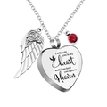 Silver stainless steel heart pendant necklace with red birthstone and rose wings - January Birthstone