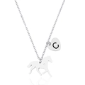 Detail of silver stainless steel horse pendant with heart cutout and letter C charm - Letter C