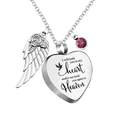 Birthstone heart pendant necklace with wings and rose in silver stainless steel finish - July Birthstone