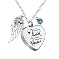 Silver heart memorial necklace with angel wing pendant and blue birthstone - March Birthstone