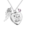 Silver stainless steel heart locket necklace with angel wing and pink birthstone charm - June Birthstone