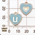 Lichtblauwe emaille hartvormige hangers met gouden letter U en straalpatroon voor DIY - Letter U / Meerblauw