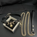 Faux leather cat collar with gold bell and matching metal leash chain for couples - Gold