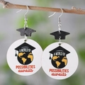 Graduation hook earrings with black doctoral cap and world map design on wood print - A World Of Possibilities Style
