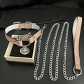 Pink and white leather choker with bell charm and matching metal leash for roleplay - Pink